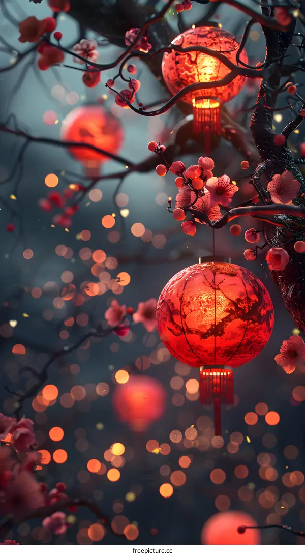 Red lanterns and cherry blossoms hanging on a tree