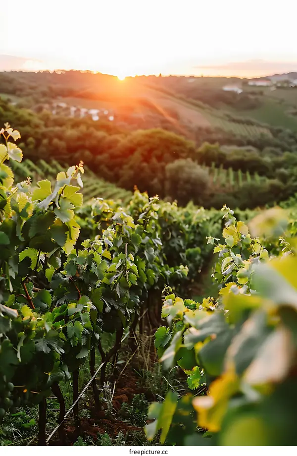 Vineyard Sunset Landscape With Hills In Background