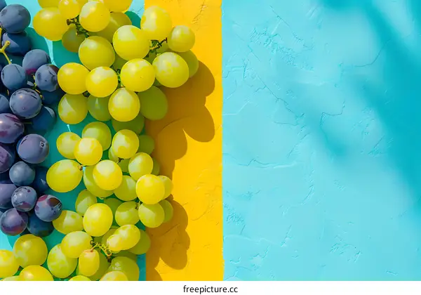 Green and Purple Grapes on Blue and Yellow Background