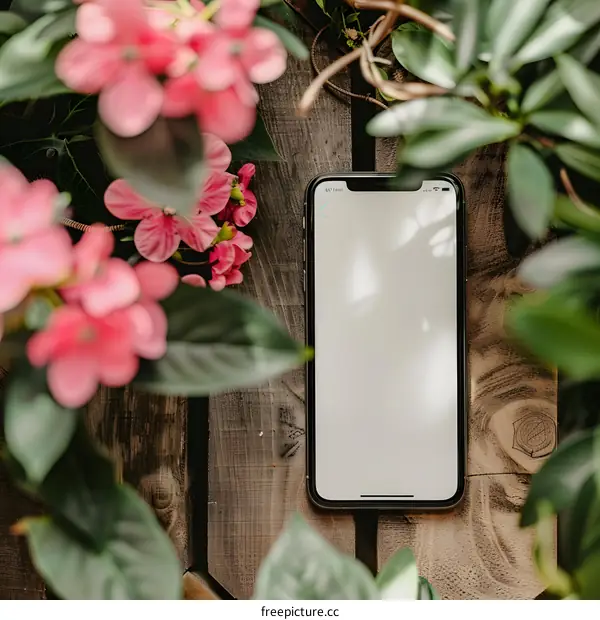 Blank Smartphone Screen on Wooden Table with Flowers