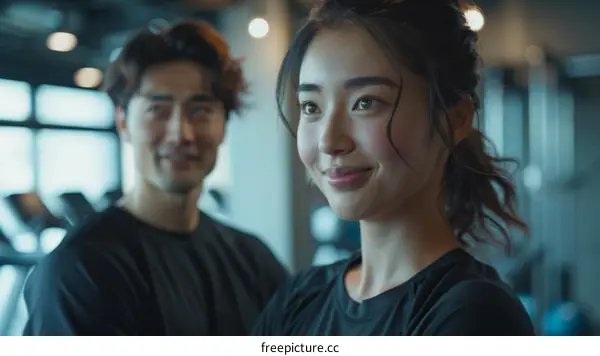 A young woman and a young man standing in a gym and smiling