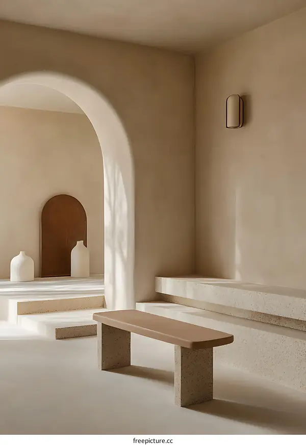 Minimalist Interior Design with Stone Bench and Archway