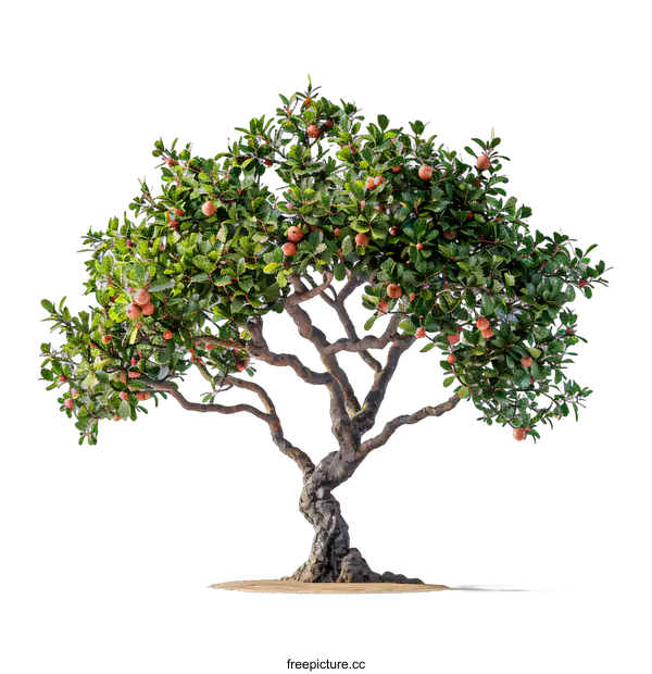 [Transparent Background PNG]3D Rendered Twisted Tree with Green Leaves and Red Fruits Isolated on White Background