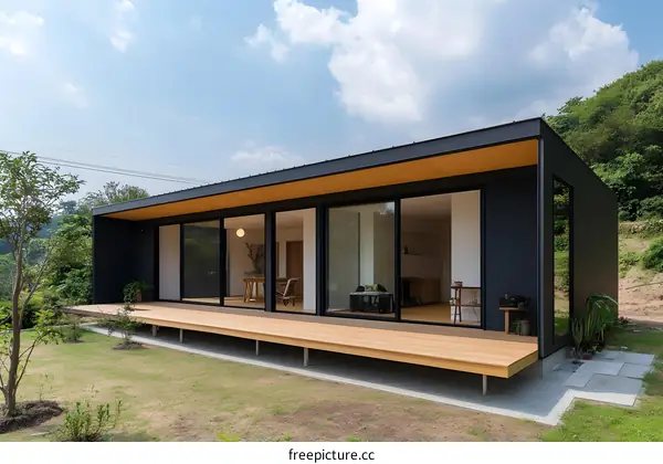 Modern Black and Wood Home with Glass Doors and Deck