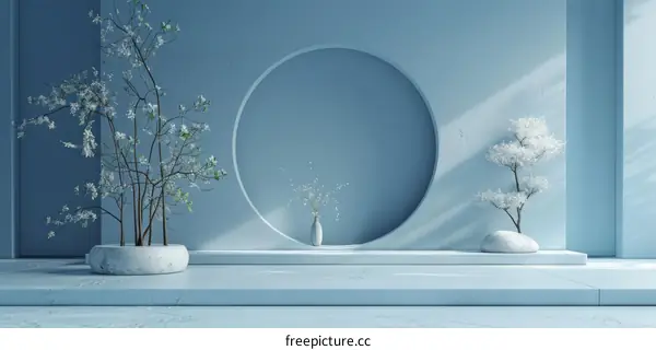 Minimalist Blue Podium with White Plants