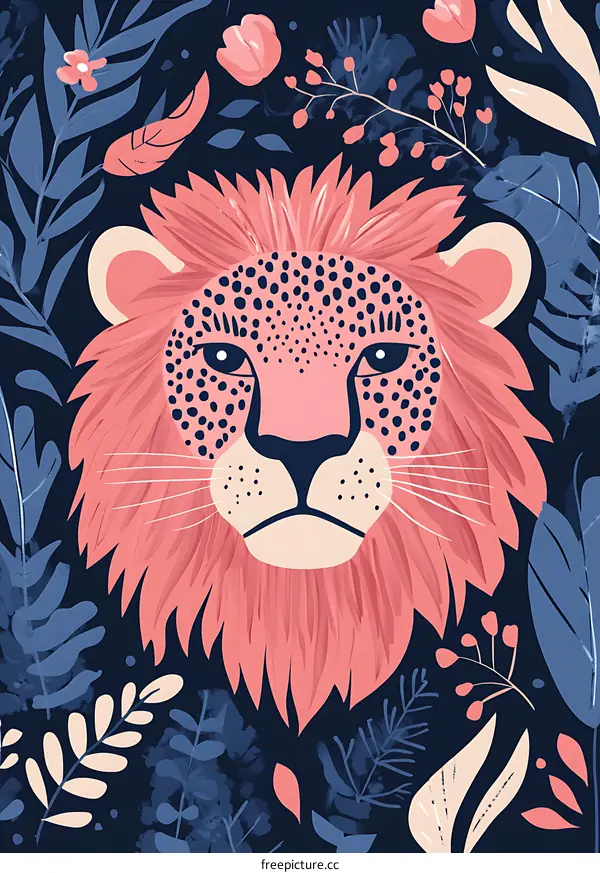 Pink Lion in a Floral Garden Illustration