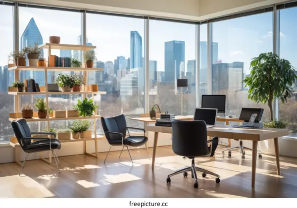 Modern office interior with large windows and city view