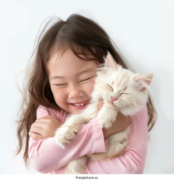 A cute little girl hugging a fluffy white cat