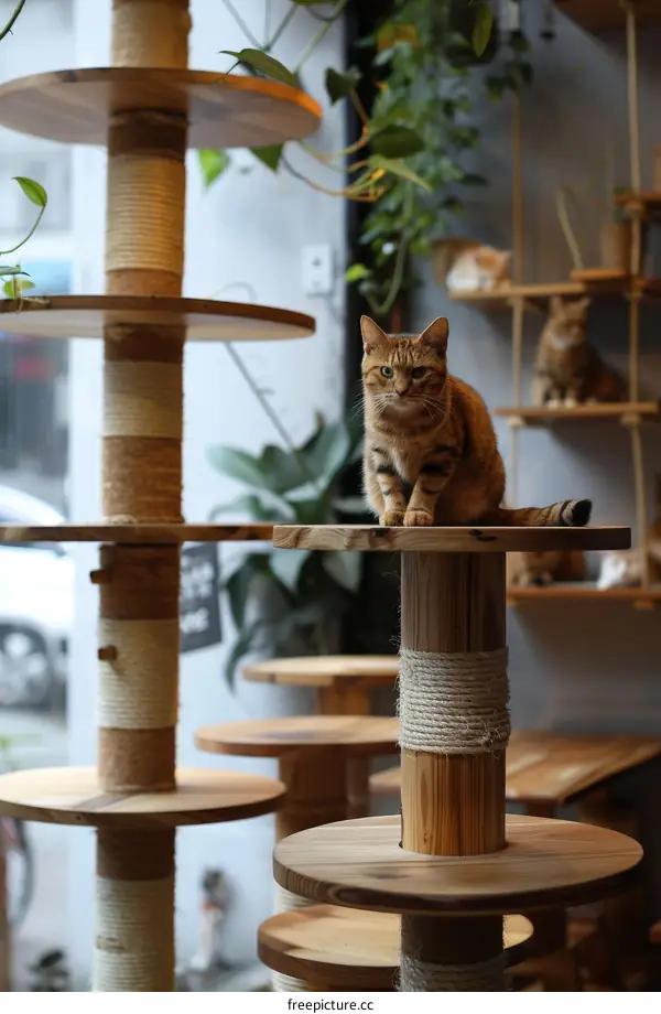A ginger cat sitting on a wooden cat tree looking out the window