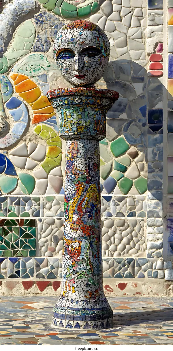 Mosaic Column with Human Head Statue in Colorful Background