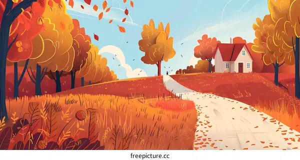 Autumn Landscape with a Small House and a Person Walking