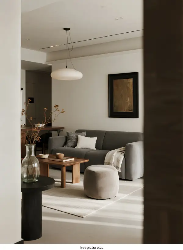 Modern Living Room with Gray Sofa and Minimalist Decor
