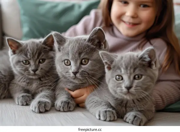 Little girl hugging three cute gray kittens on sofa