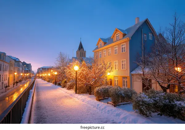 Snowy Winter Evening in a European Town