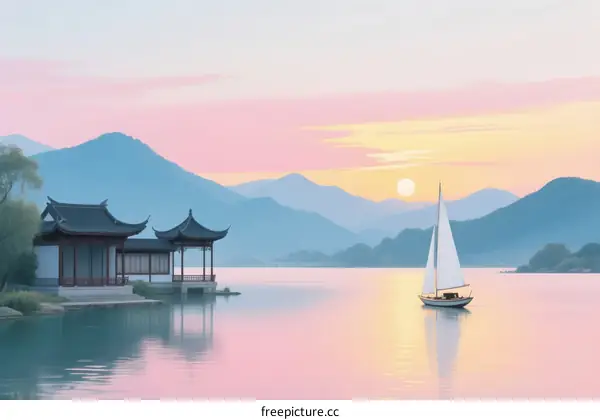 Scenic Sunset Over Calm Lake with Traditional Pavilion and Sailboat