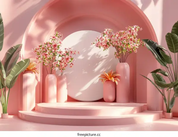 Pink Floral Display Stage Scene Illustration