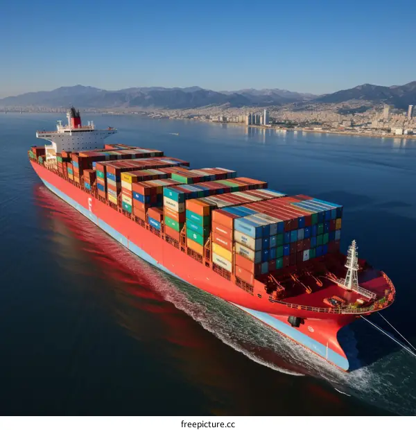 A large container ship sails through the ocean