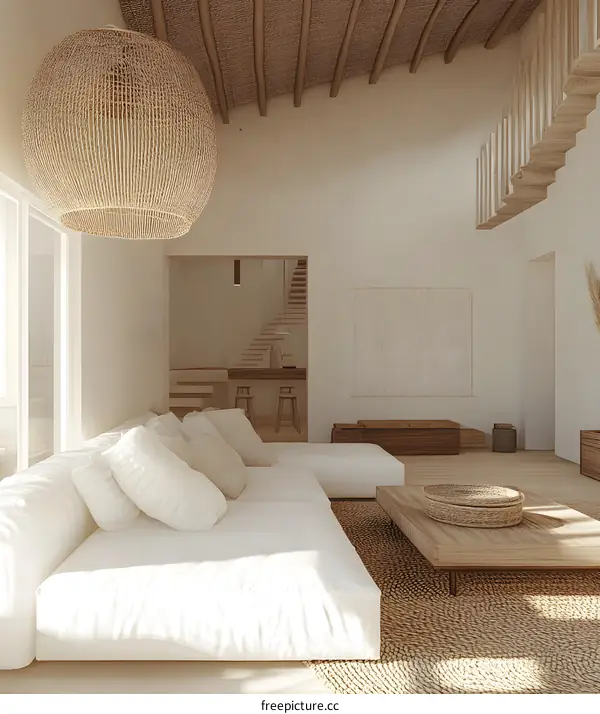 Minimalist Living Room Interior Design with White Sofa and Rattan Light