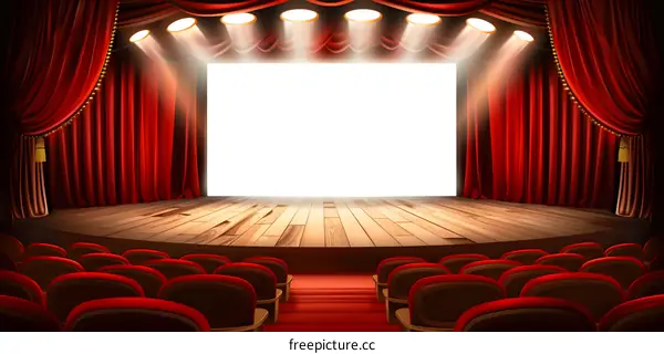 Red Stage Curtains with Spotlight and Empty Seats