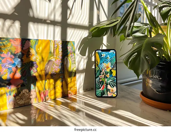 Phone with Floral Pattern Wallpaper on Table