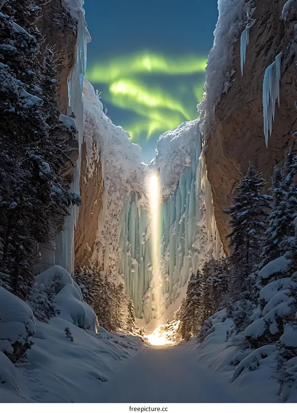 Winter Wonderland With Aurora Borealis And Frozen Waterfall