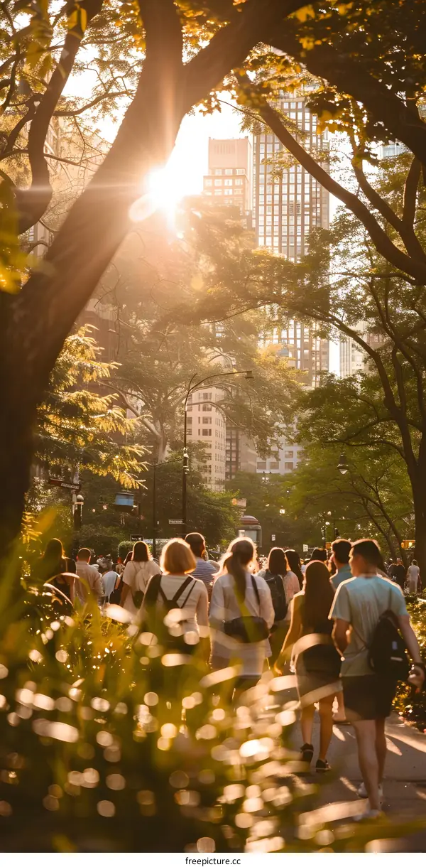 People Walking Through a Park in the City on a Sunny Day