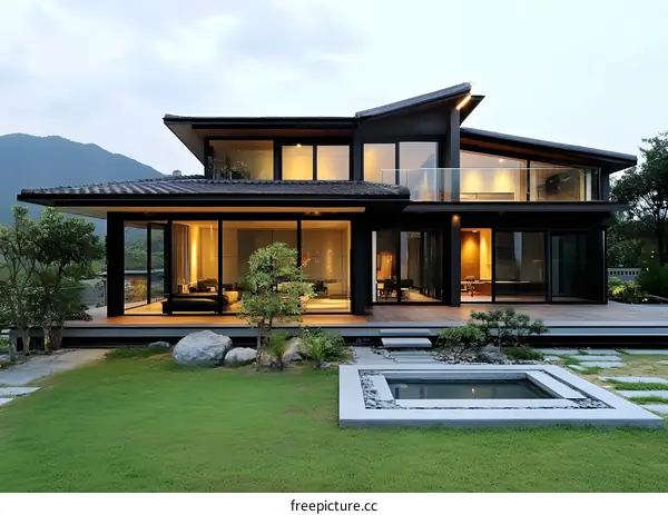 Modern Black House with a Backyard Pool and Green Grass