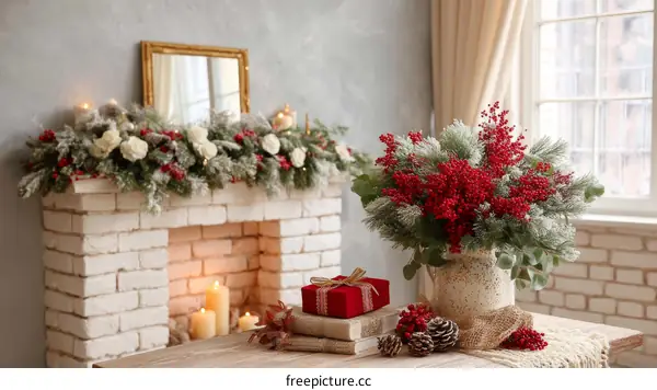 Christmas Fireplace Decor with Red Berries and Gifts