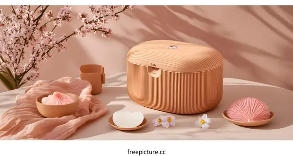 Ceramic Storage Box with Pink Flowers and White Background