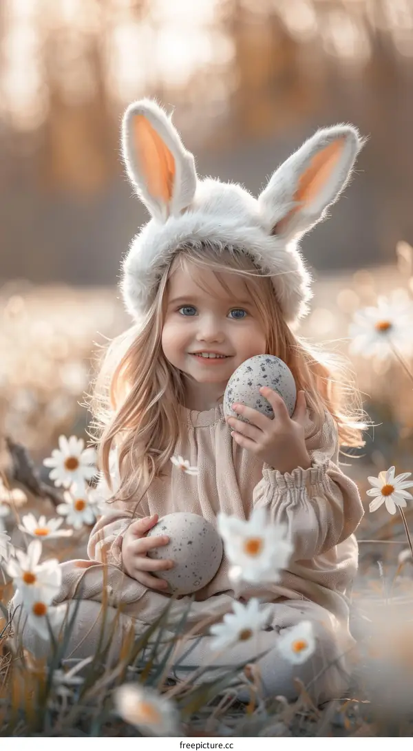 Cute Bunny-Eared Girl in a Spring Field