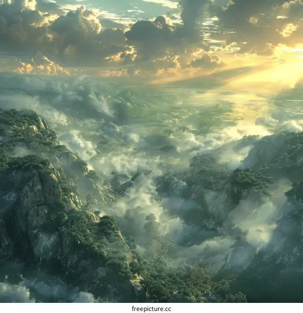 Serene Sunrise over Majestic Mountain Peaks with Mist