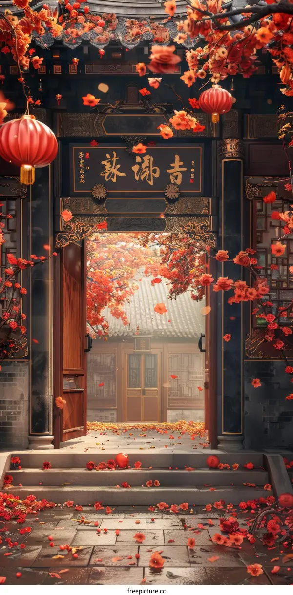 Chinese courtyard with red lanterns and falling red maple leaves