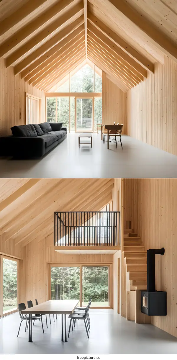 Modern Wooden Cabin Interior Design with High Ceilings and Large Windows