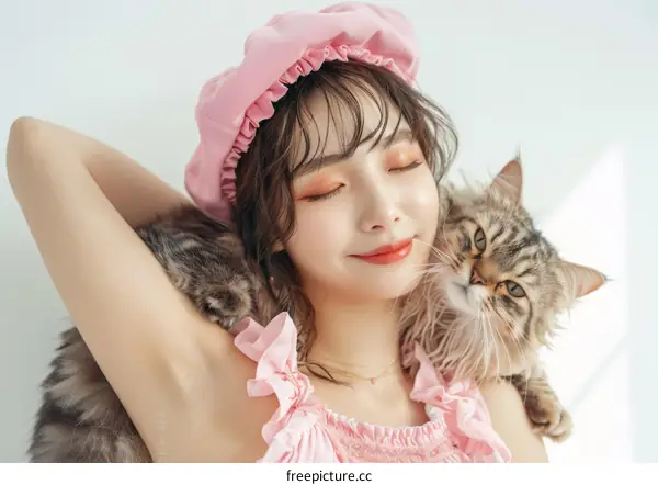 A young woman in a pink beret is holding a cat