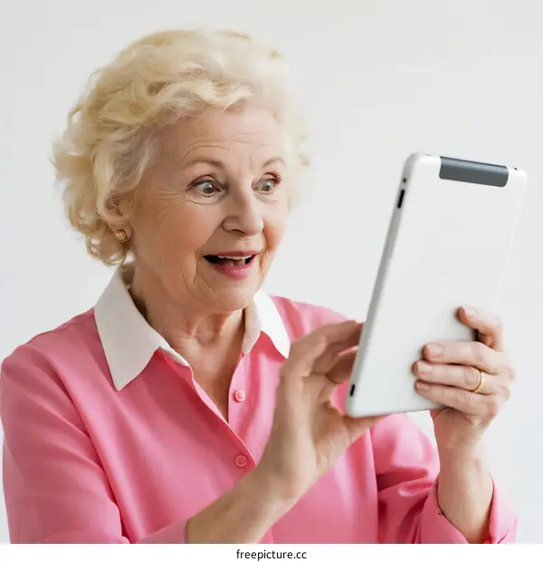 Elderly woman using a tablet showing surprise expression