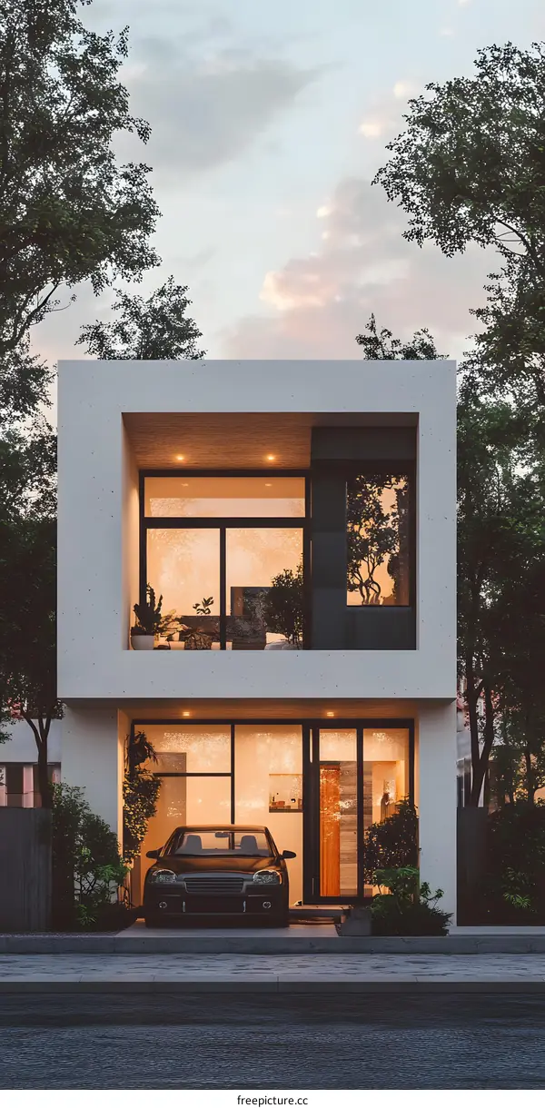 Modern Minimalist Home Exterior Design with a Black Car Parked in Front