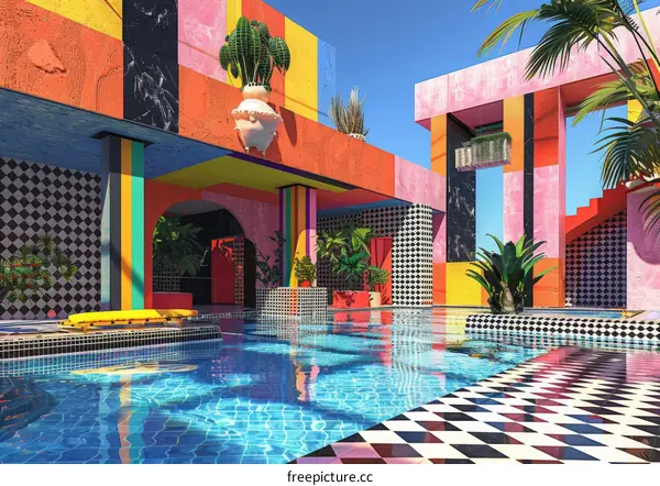 Surreal colorful building with pool