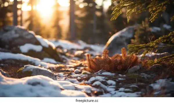 Close-up of a pine tree seedling growing in the snow with a beautiful sunset in the background