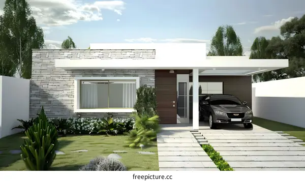 Modern House Design With Stone Facade And Carport
