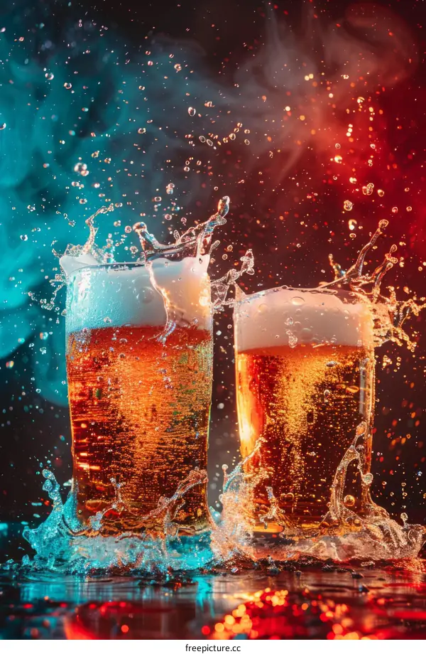 Two glasses of beer with foam and splashes