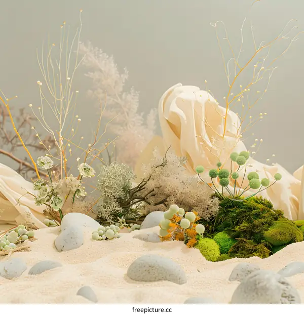 Minimalist Sand Dune With Dried Plants And Rocks