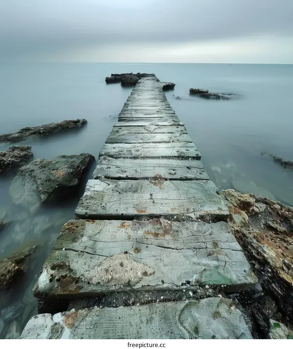 Wooden Dock on a Peaceful Sea under Cloudy Skies