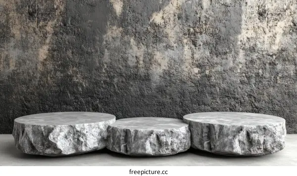 Three Stone Product Display Stands on a Grey Wall