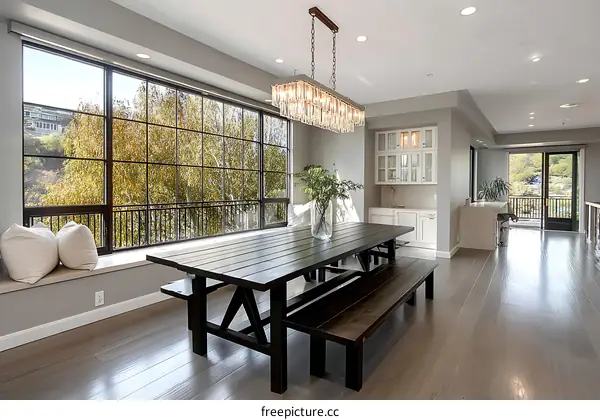Modern Dining Room with Large Windows and Chandelier
