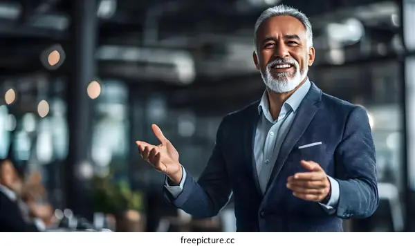 Smiling Businessman Giving a Presentation in a Modern Office
