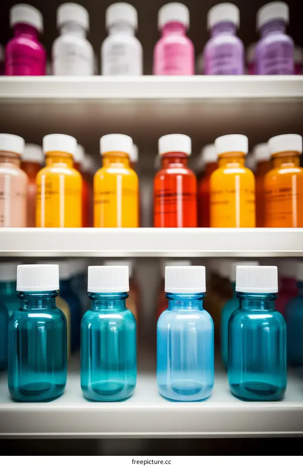 Colorful medicine bottles on shelves in a pharmacy