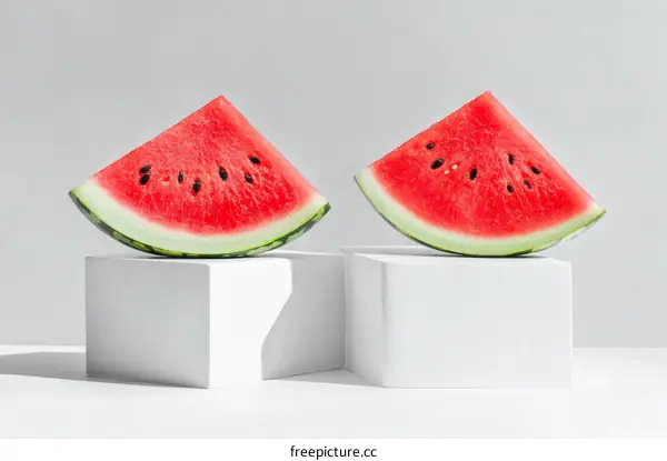 Fresh Watermelon Slice Display on White Cubes