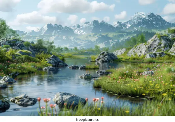 Mountains, Lake and Flowers