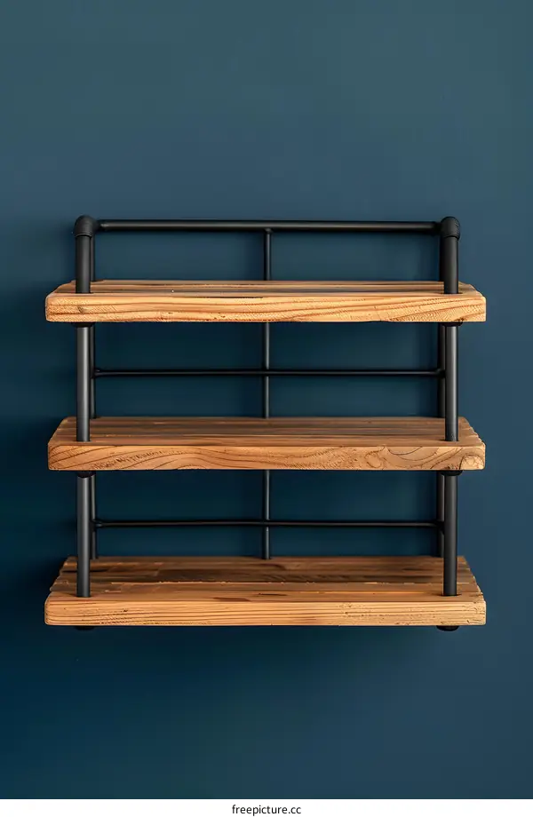 Rustic Wooden Wall Shelf With Black Metal Frame