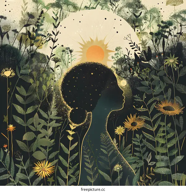 Woman Silhouette With Sun And Flowers